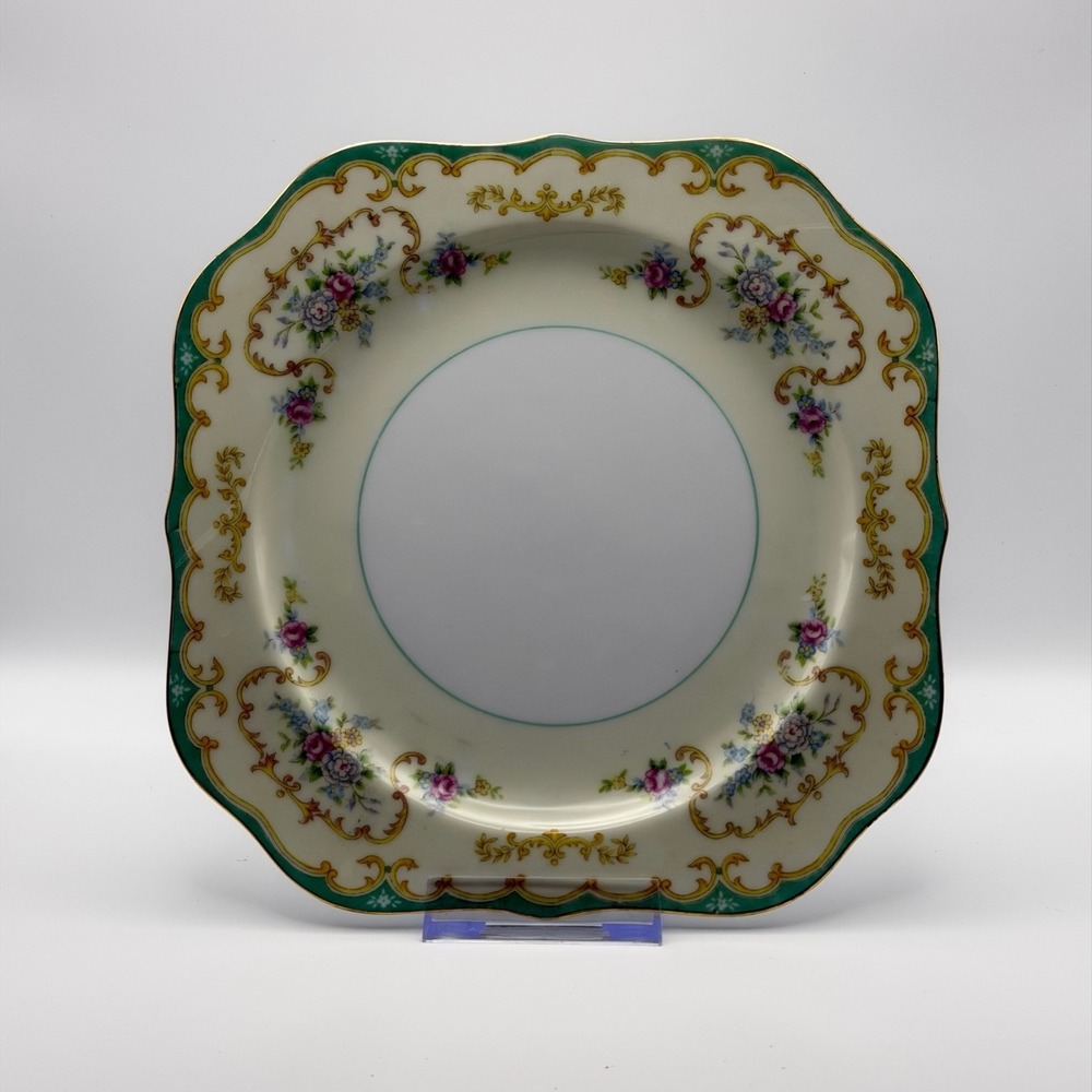 Vtg Noritake Japan Plate N238 Floral Gold Scroll Green Border Square Salad